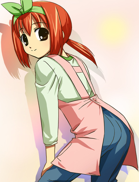 haruyama kazunori, yoshinaga mama, yoshinaga-san'chi no gargoyle, 00s, 1girl, apron, ass, denim, female focus, from behind, hairband, jeans, long sleeves, looking at viewer, orange hair, pants, ponytail, red eyes, short hair, solo, sweater