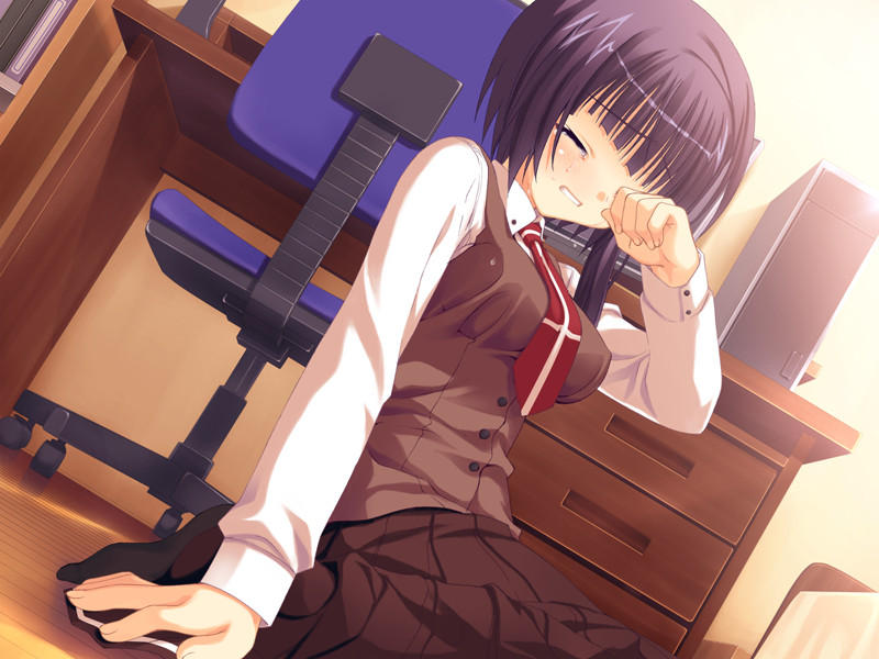 kobuichi, muririn, nomiya yuu, empty x embryo, game cg, 1girl, blue hair, buttoned cuffs, buttons, chair, computer, cross, cross print, crying, desk, dutch angle, female focus, necktie, school uniform, serafuku, short hair, sitting, skirt, solo, tears, wiping tears, yu nomiya