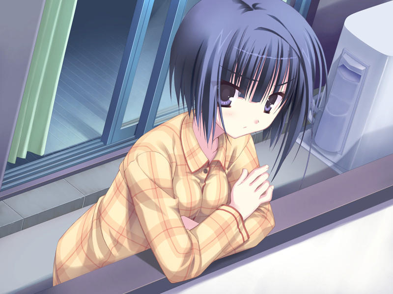 kobuichi, muririn, nomiya yuu, empty x embryo, game cg, 1girl, blue eyes, blue hair, crossed arms, female focus, matching hair/eyes, pajamas, short hair, solo, yu nomiya