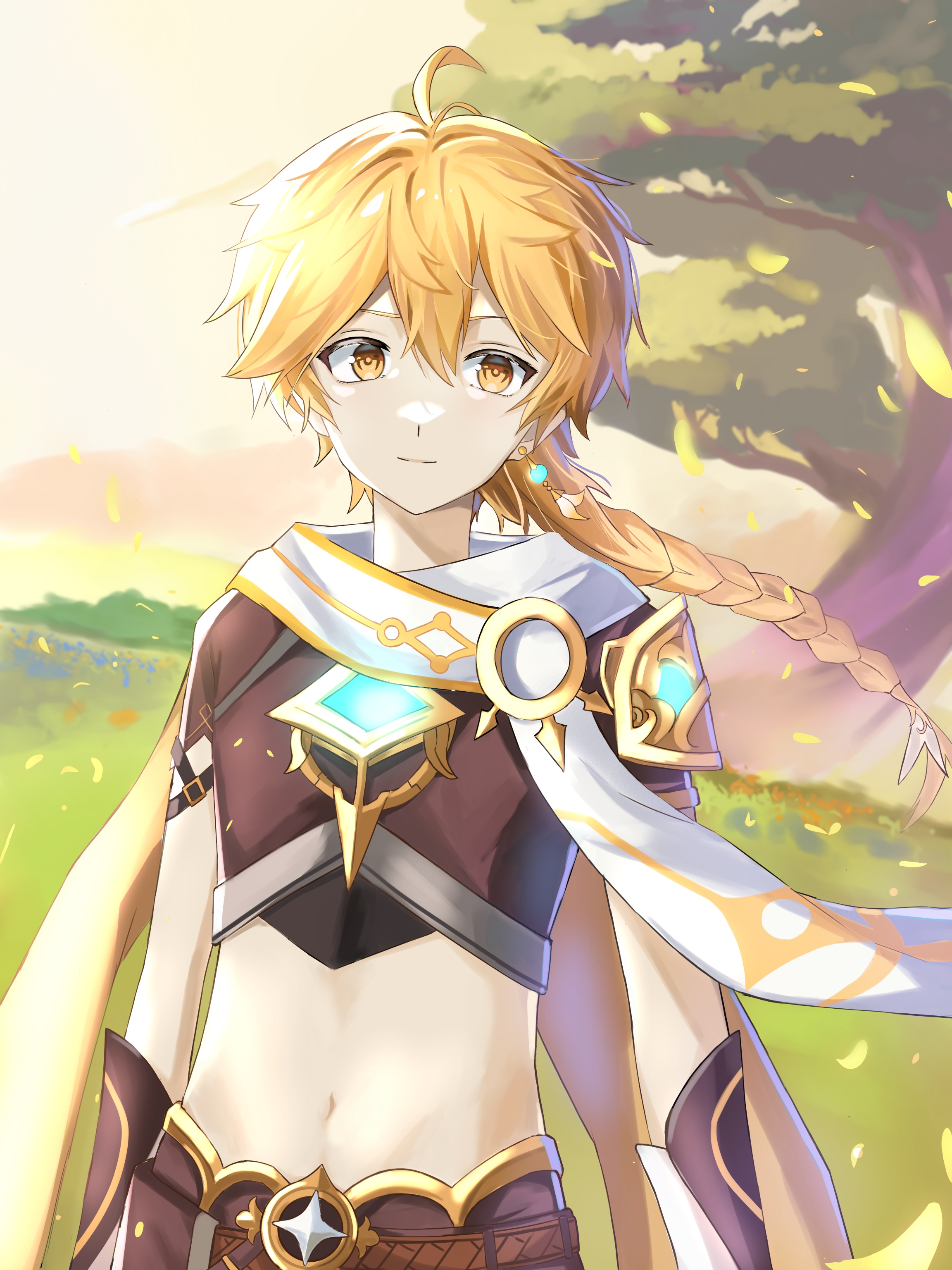aether (genshin impact), genshin impact, absurdres, commentary request, highres, 1boy, ahoge, arm armor, belt, blonde hair, braid, brown belt, brown pants, brown shirt, closed mouth, cloud, cloudy sky, cowboy shot, crop top, cropped shirt, dusk, earrings, falling petals, floating hair, grass, hair between eyes, jewelry, light smile, long hair, looking at viewer, male focus, midriff, naoyota, navel, outdoors, pants, petals, scarf, shirt, short sleeves, sidelocks, single braid, single earring, sky, solo, standing, tree, white scarf, yellow eyes
