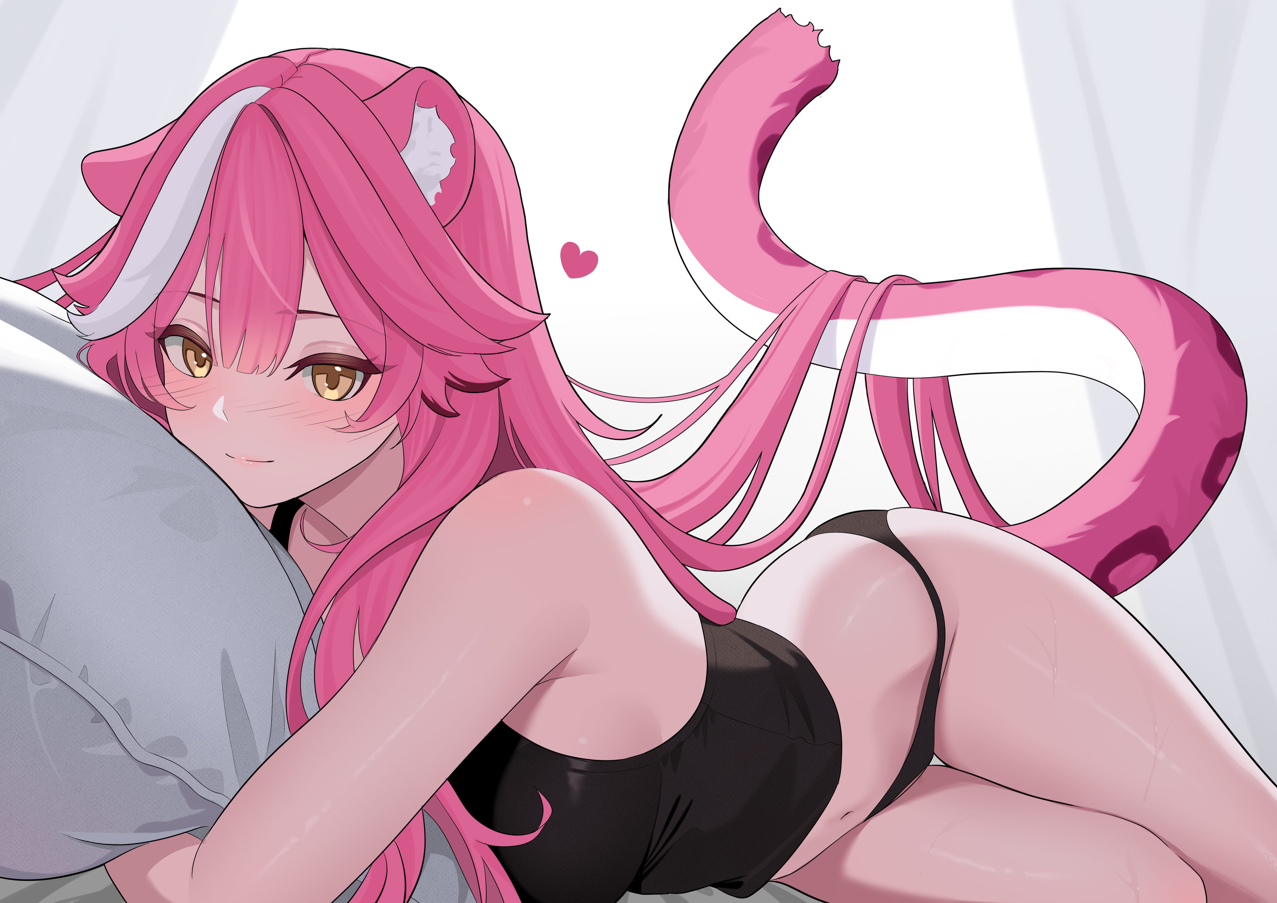 layunaart, raora panthera, hololive, hololive english, absurdres, commentary, english commentary, highres, 1girl, animal ears, bare shoulders, black panties, black shirt, blush, breasts, closed mouth, curtains, day, groin, heart, large breasts, long hair, looking at viewer, lying, multicolored hair, on stomach, panther ears, panther girl, panther tail, panties, pillow, pink hair, pink lips, pink tail, shirt, smile, solo, streaked hair, tail, thighs, two-tone hair, underwear, virtual youtuber, white hair, yellow eyes