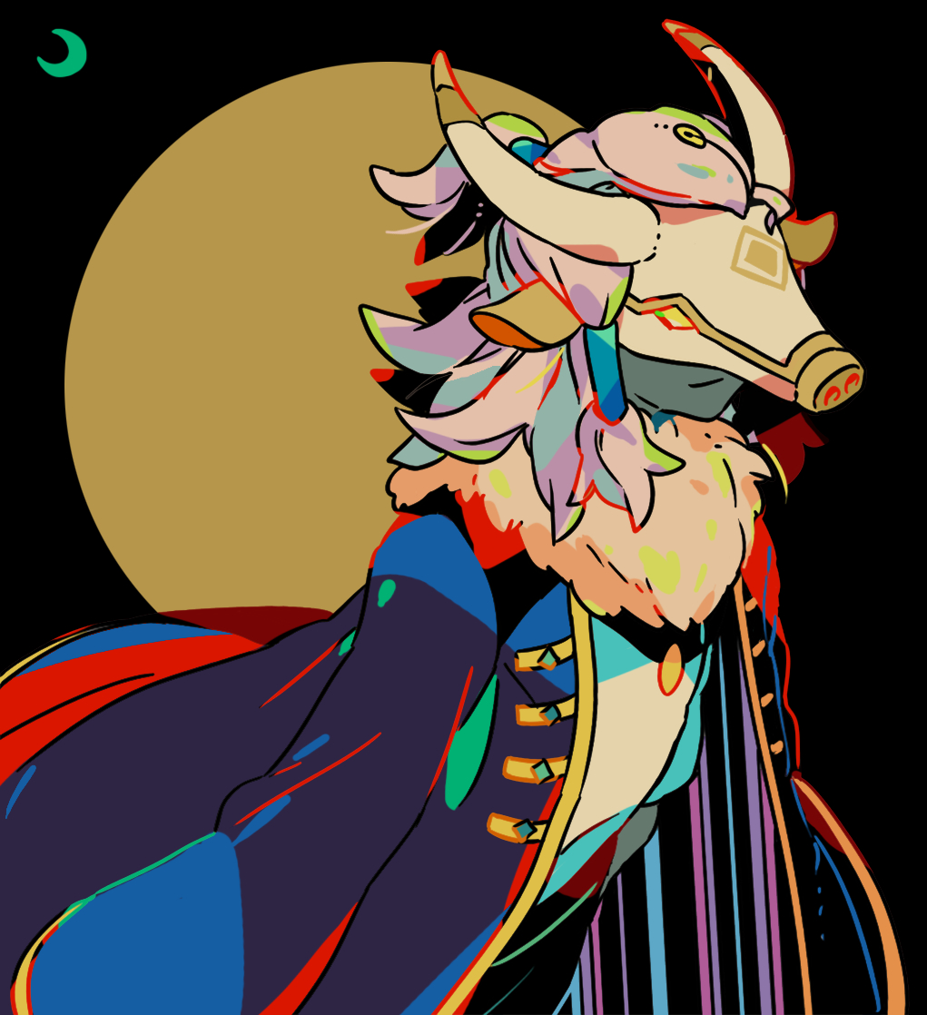 mizuki tsukimori, sky: children of the light, character request, commentary request, 1girl, animal ears, black background, blue coat, coat, cow ears, cow mask, full moon, hair tubes, long hair, long sleeves, mask, moon, shirt, sidelocks, sleeves past fingers, sleeves past wrists, smile, white hair, white shirt