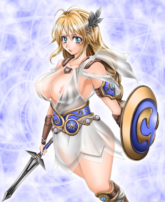 1041 (toshikazu), sophitia alexandra, soul calibur, soulcalibur, soulcalibur iv, 1girl, areola slip, armor, armored dress, blonde hair, blonde twist, blue eyes, breasts, dress, elk shield, female focus, goddess bracelet, goddess guards, goddess headdress, goddess robe, large breasts, omega sword, see-through clothes, shield, solo, sword, weapon