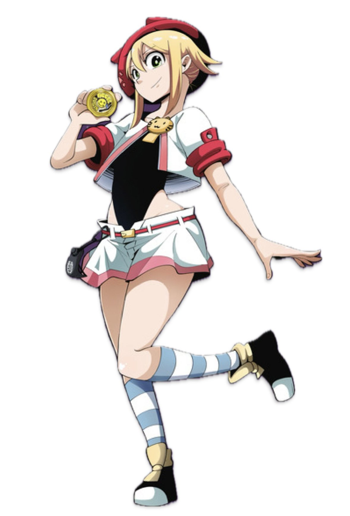 wakaba (hyper yoyo accel), hyper yoyo accel, official art, 1girl, belt, black leotard, blonde hair, green eyes, hand up, happy, hat, highleg, highleg leotard, leotard, leotard under clothes, looking at viewer, short hair, short shorts, short sleeves, shorts, sidelocks, simple background, smile, socks, solo, standing, standing on one leg, striped clothes, striped socks, thighs, tongue, white background, wide hips, yo-yo