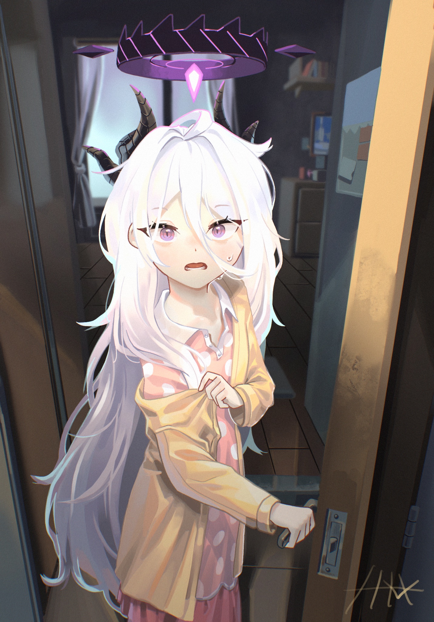 hina (blue archive), hina (pajamas) (blue archive), blue archive, hashtag-only commentary, highres, 1girl, black halo, black horns, cardigan, demon girl, demon horns, door, doorway, dress, dressing, halo, hmhandmade1, horns, long hair, long sleeves, looking at viewer, messy hair, multiple horns, official alternate costume, open cardigan, open clothes, open door, open mouth, pajamas, pink pajamas, polka dot, polka dot dress, polka dot pajamas, purple eyes, signature, solo, sweatdrop, very long hair, white hair, yellow cardigan