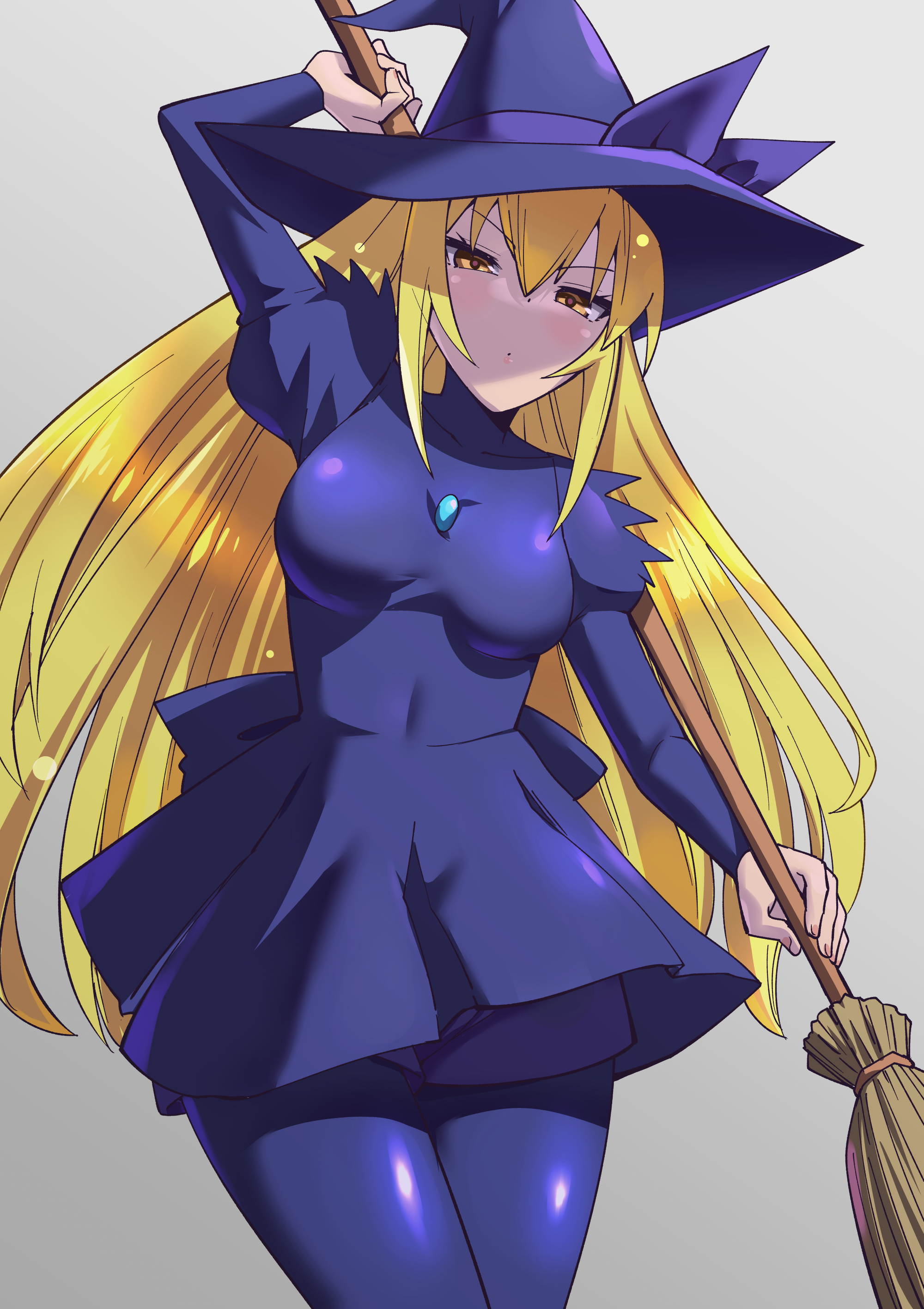 toku sonchou, absurdres, character request, highres, 1girl, blonde hair, breasts, broom, hanayome no kanmuri, hat, holding, holding broom, long hair, looking at viewer, simple background, skirt, solo, white background, witch hat, yellow eyes