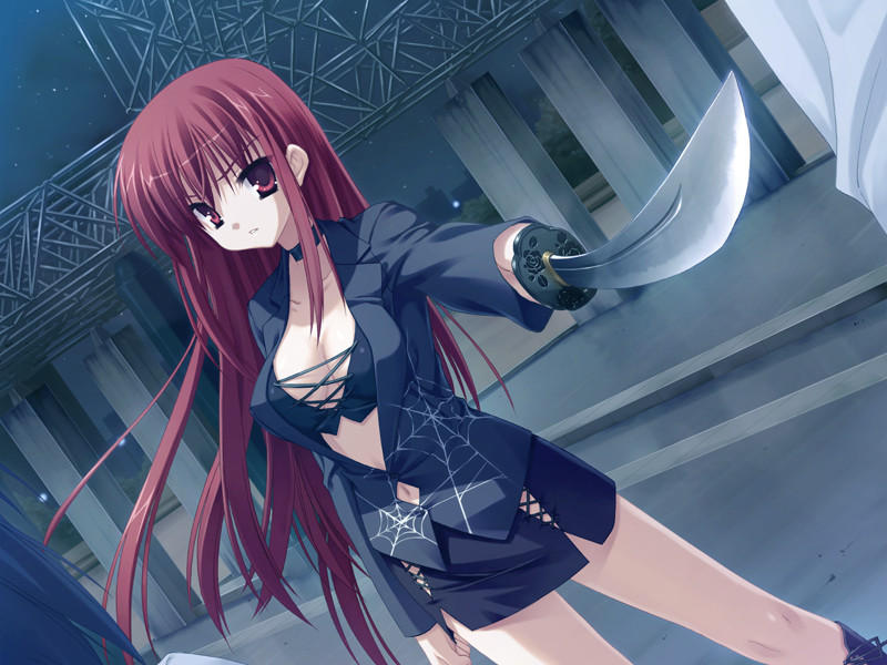 kobuichi, muririn, kifune mio, empty x embryo, duplicate, game cg, 1girl, breasts, choker, cleavage, dutch angle, female focus, foreshortening, katana, large breasts, long hair, miniskirt, navel, night, outdoors, red eyes, red hair, skirt, solo, spider web print, sword, weapon