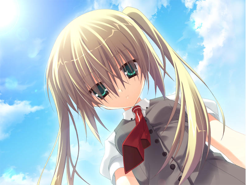 kobuichi, muririn, kono natsuki, empty x embryo, game cg, 1girl, blonde hair, cloud, day, female focus, from below, green eyes, long hair, looking down, necktie, school uniform, serafuku, sky, solo, twintails