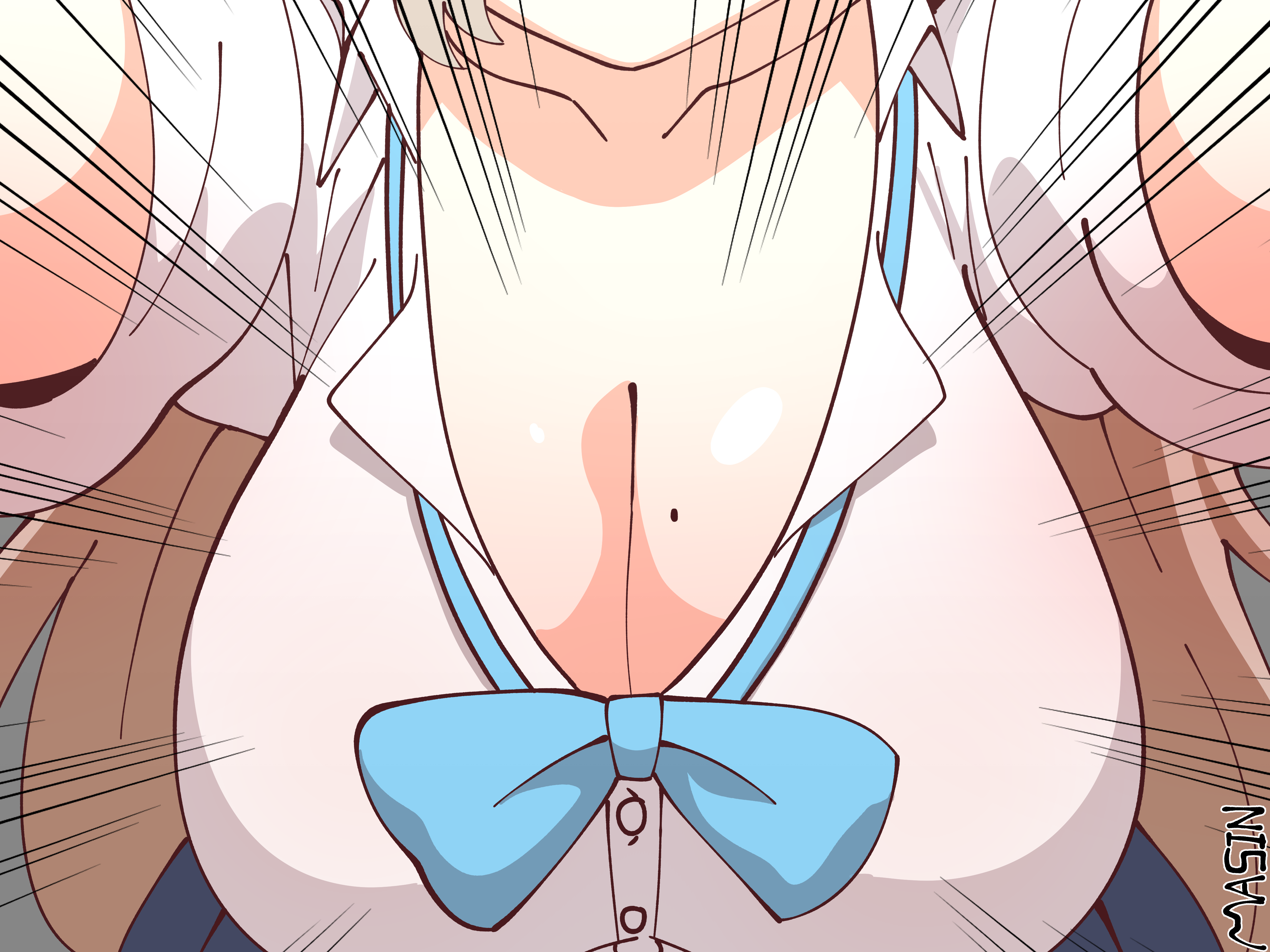 majinmallow, asuna (blue archive), asuna (school uniform) (blue archive), blue archive, absurdres, commentary request, highres, 1girl, aqua bow, aqua bowtie, black skirt, bow, bowtie, breasts, brown hair, buttons, close-up, collarbone, collared shirt, emphasis lines, head out of frame, hug, large breasts, leaning forward, long hair, looking at viewer, mole, mole on breast, official alternate costume, pleated skirt, pov, reaching, reaching towards viewer, shirt, short sleeves, skirt, solo, white shirt
