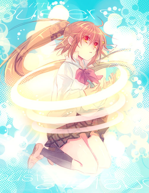 natsume rin, little busters!, 1girl, black socks, bow, bowtie, brown hair, brown skirt, circle, female focus, full body, jewelry, kneehighs, kneeling, loafers, magic, pink bow, plaid clothes, plaid skirt, red bow, red bowtie, red eyes, ring, school uniform, serafuku, shirt, shoes, skirt, socks, solo, twintails, white shirt