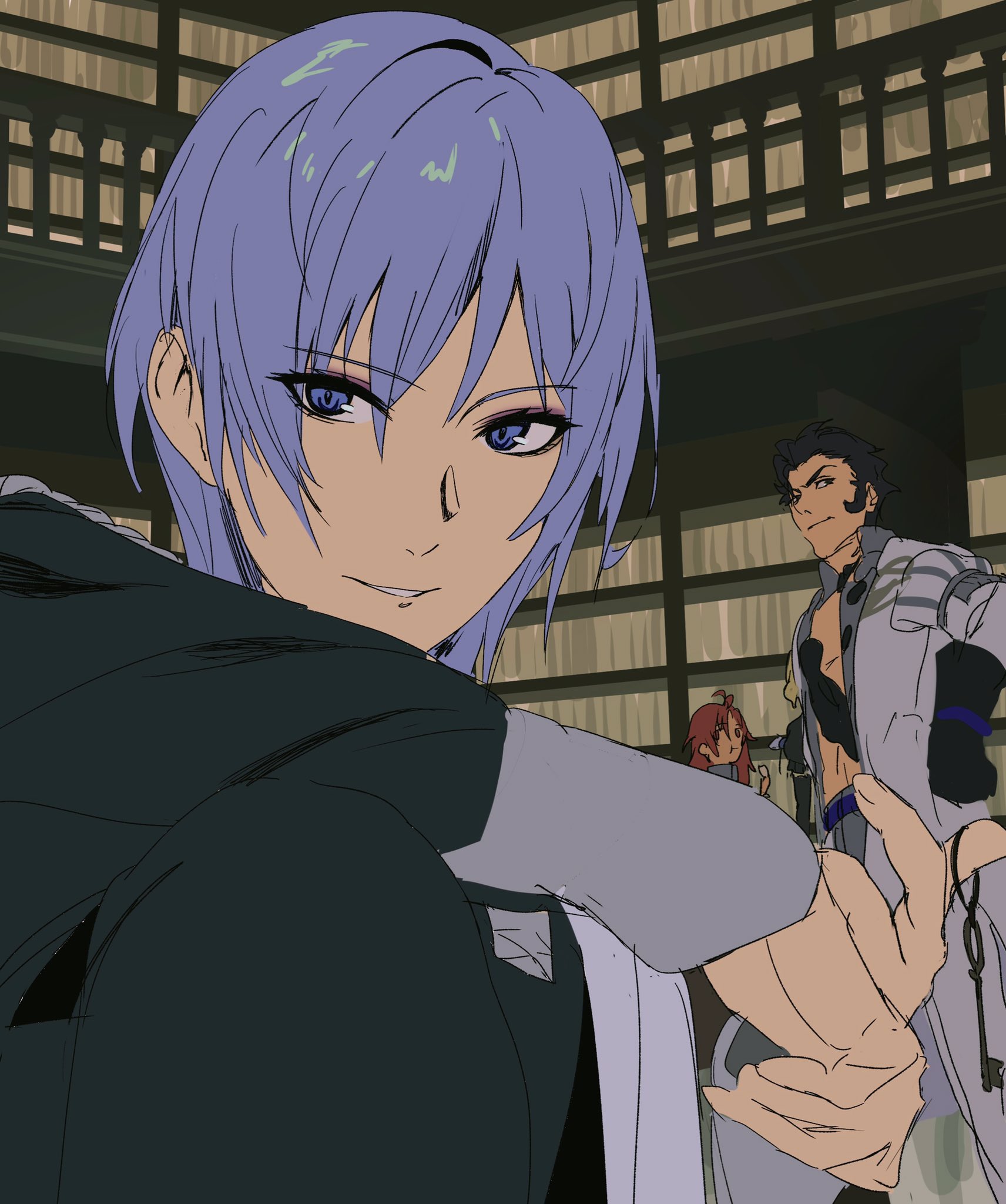 nakmini, balthus von albrecht, hapi (fire emblem), yuri leclerc, fire emblem, fire emblem: three houses, nintendo, highres, 1girl, 2boys, black hair, closed mouth, garreg mach monastery uniform, indoors, looking at viewer, multiple boys, purple eyes, purple hair, red hair
