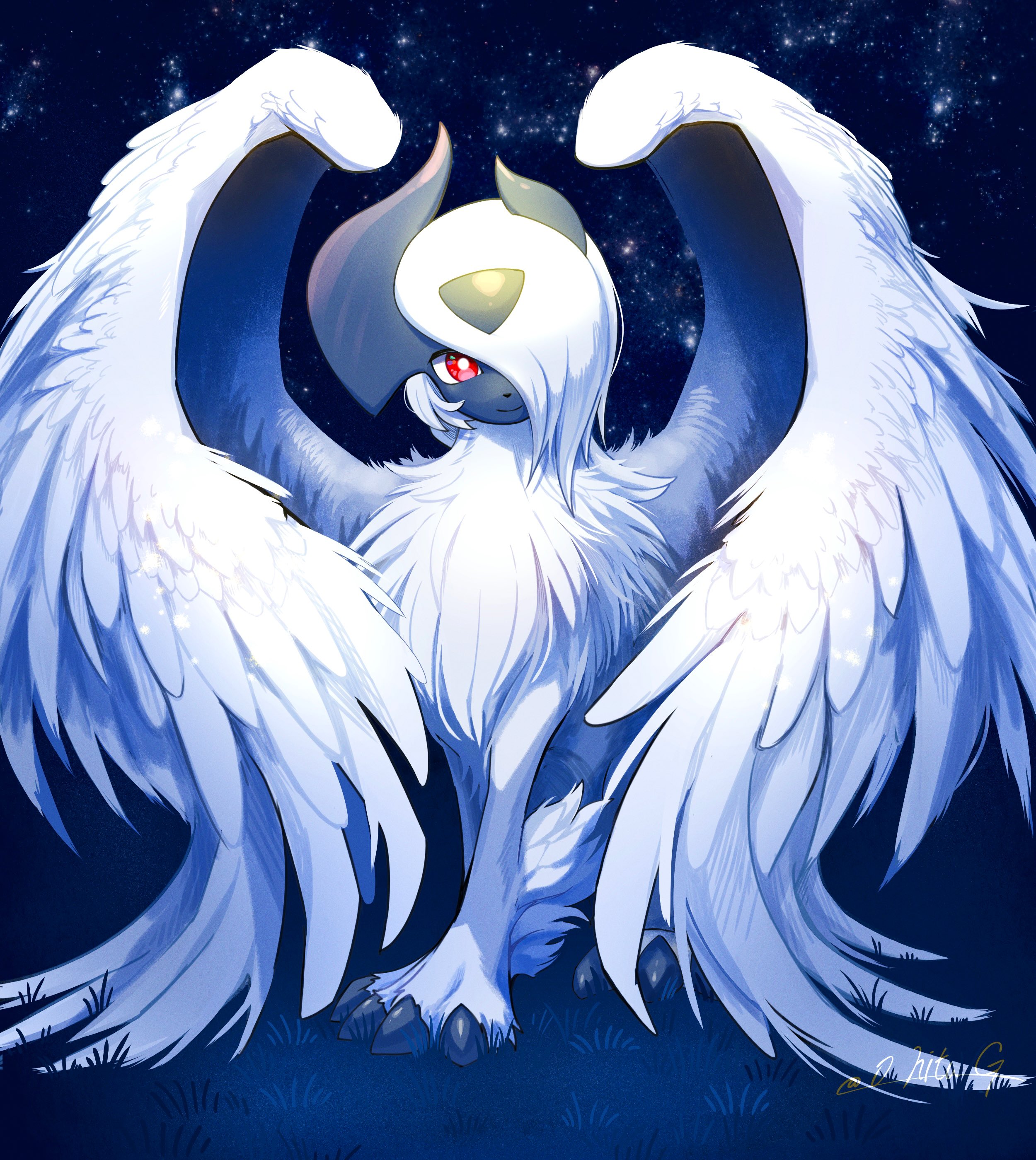 o hitu g, absol, mega absol, nintendo, pokemon, absurdres, commentary request, highres, animal focus, claws, closed mouth, feathered wings, gen 3 pokemon, grass, horns, looking at viewer, mega pokemon, no humans, pokemon (creature), pokemon focus, smile, solo, wings