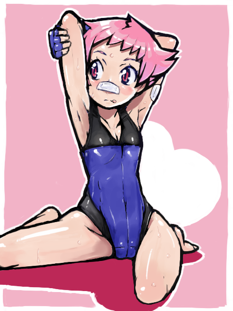 maylene (pokemon), nintendo, pokemon, pokemon dppt, 00s, 1girl, :q, armpits, bandages, bandaid, barefoot, cameltoe, feet, female focus, flat chest, gloves, gym leader, heart, leotard, one-piece swimsuit, pink eyes, pink hair, short hair, solo, stretching, sweat, swimsuit, tongue, tongue out