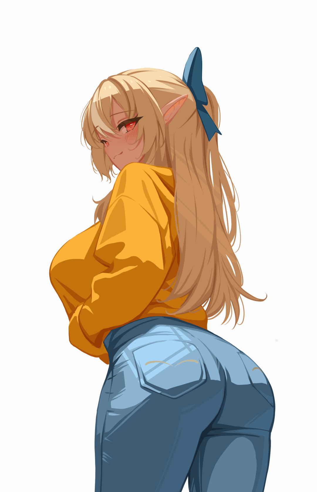sansha art, shiranui flare, hololive, commentary, highres, 1girl, :3, alternate costume, ass, blonde hair, blue pants, bow, breasts, closed mouth, dark-skinned female, dark skin, denim, elf, from behind, hair bow, hands in pockets, hood, hoodie, jeans, large breasts, long hair, looking at viewer, multicolored hair, orange eyes, pants, pointy ears, sidelocks, simple background, solo, streaked hair, virtual youtuber, white background, white hair, yellow hoodie