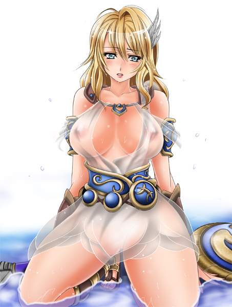 1041 (toshikazu), sophitia alexandra, soul calibur, soulcalibur, soulcalibur iv, 1girl, blonde hair, blue eyes, breasts, elk shield, female focus, goddess bracelet, goddess headdress, goddess robe, huge breasts, nipples, see-through clothes, shield, solo, sword, weapon