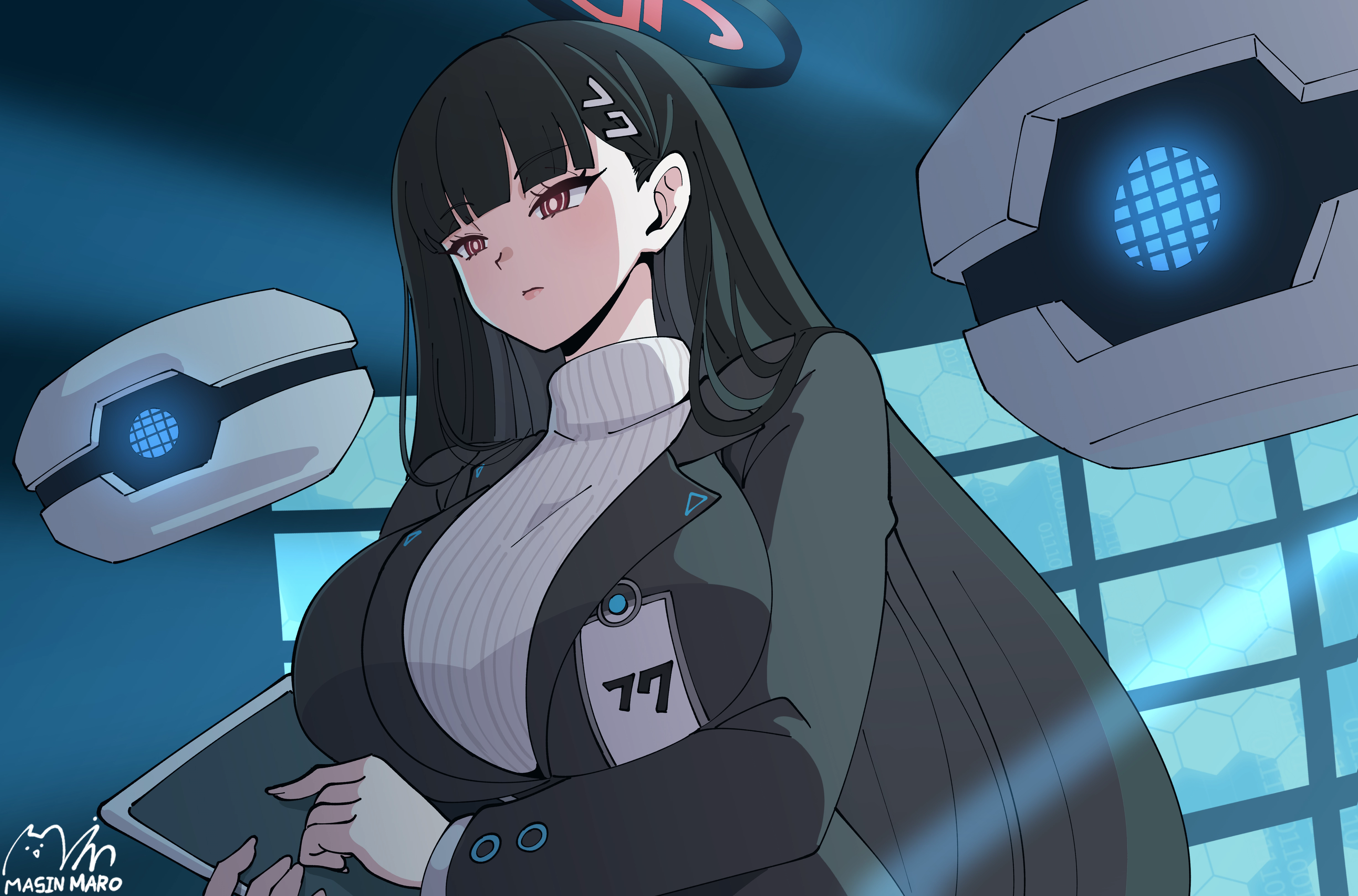 majinmallow, rio (blue archive), blue archive, absurdres, commentary request, highres, 1girl, backlighting, black hair, buttons, drone, halo, holding, holding tablet pc, id card, indoors, jacket, lapels, long hair, long sleeves, looking at viewer, millennium science school logo, monitor, multicolored halo, parted bangs, red eyes, sidelocks, solo, suit jacket, sweater, tablet pc, turtleneck, turtleneck sweater, two-tone halo, white sweater