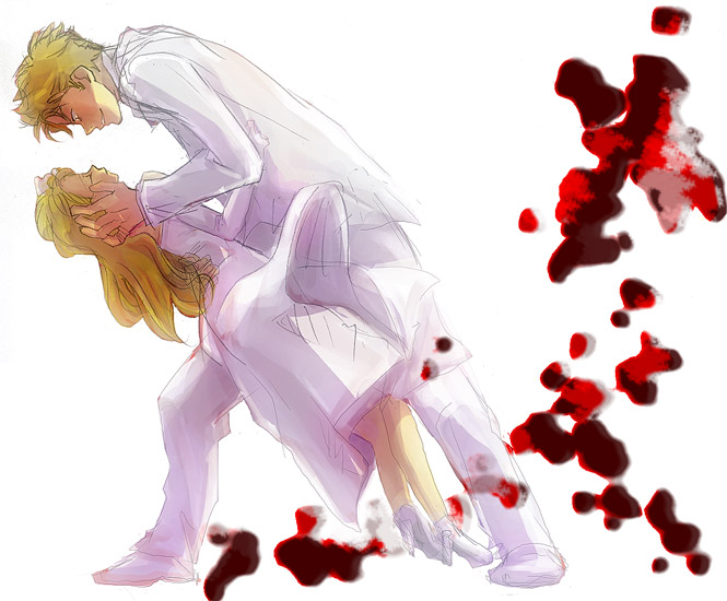 ladd russo, lua klein, baccano!, white footwear, 00s, 1boy, 1girl, blonde hair, blood, blood splatter, dancing, dress, formal clothes, full body, hetero, jacket, long hair, long sleeves, pants, shoes, simple background, suit, very long hair, white background, white dress, white jacket, white pants, white theme