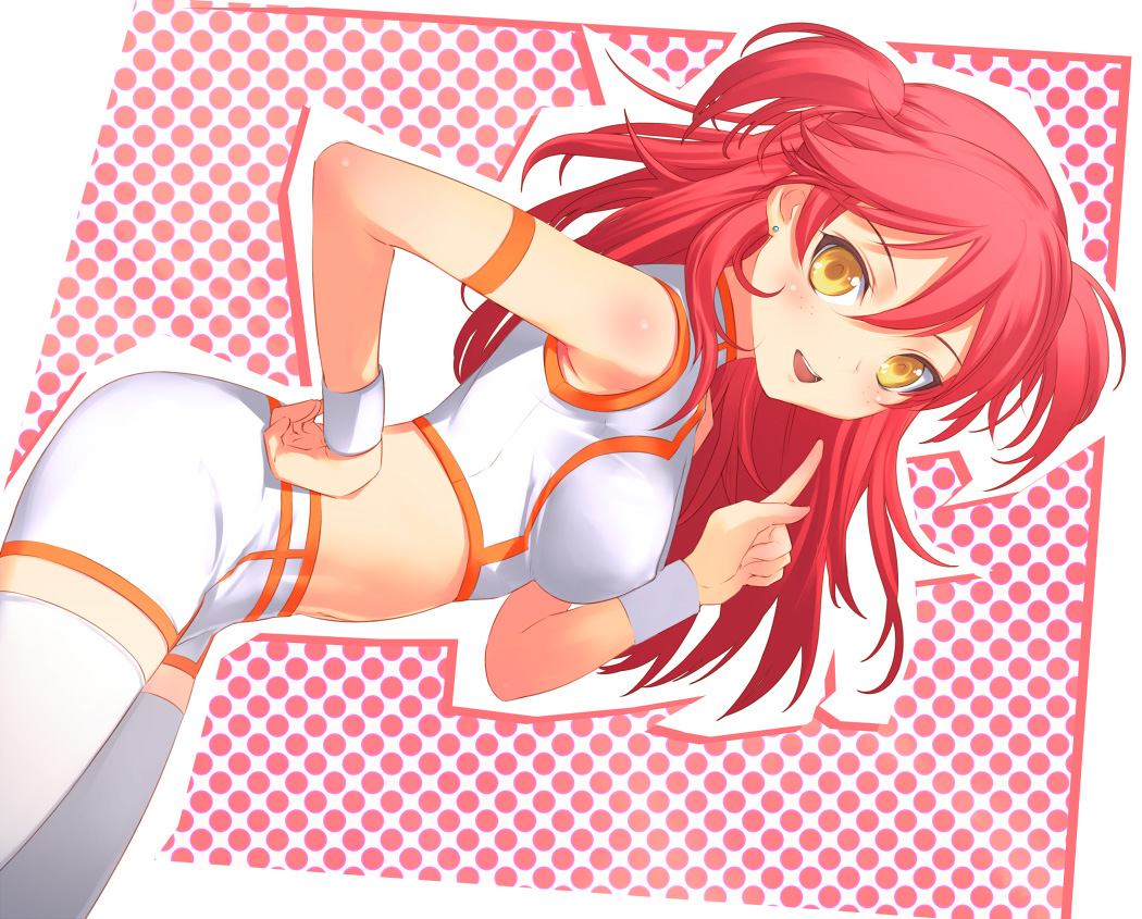 uni (plastic girl), nena trinity, gundam, gundam 00, 00s, 1girl, :d, female focus, freckles, index finger raised, long hair, midriff, navel, open mouth, red hair, smile, solo, thighhighs, two side up, wristband, yellow eyes, zettai ryouiki