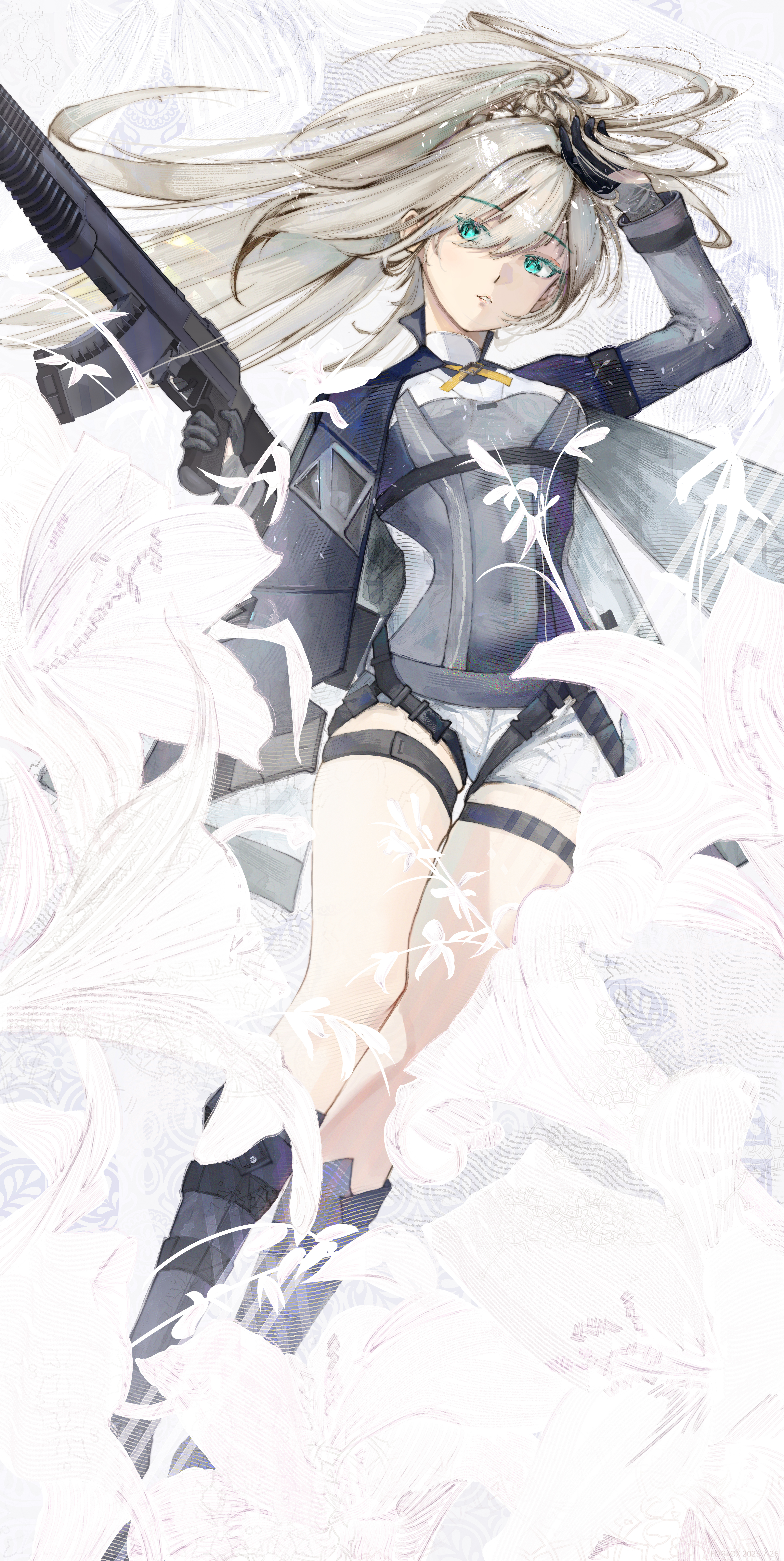 fogfox, alva (girls' frontline 2), an-94 (girls' frontline), girls' frontline, girls' frontline 2: exilium, absurdres, highres, 1girl, an-94, aqua eyes, assault rifle, black gloves, blonde hair, covered navel, gloves, gun, kalashnikov rifle, long hair, long sleeves, rifle, solo, weapon
