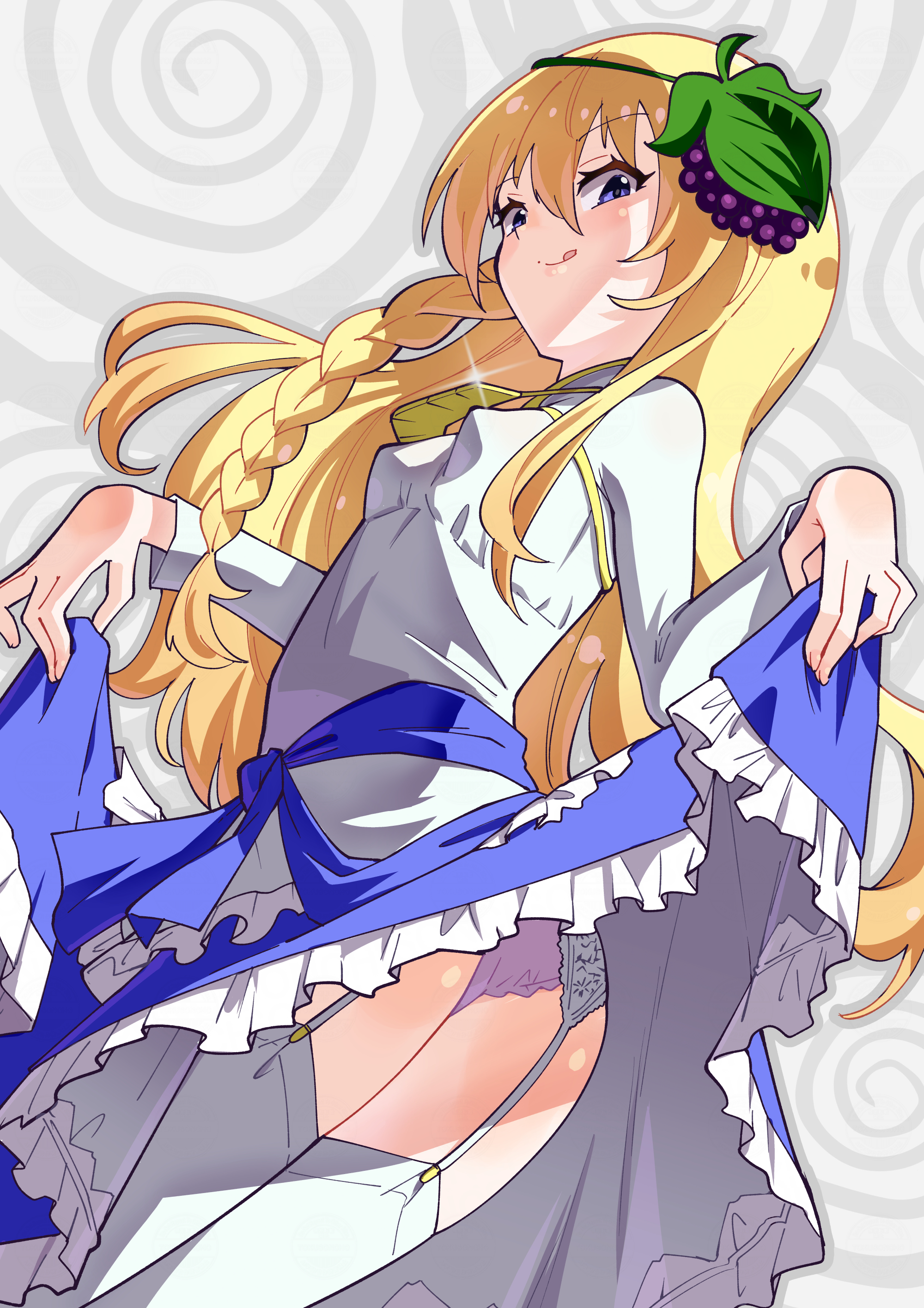 toku sonchou, iris (konosuba), kono subarashii sekai ni shukufuku wo!, absurdres, highres, 1girl, blonde hair, blue eyes, braid, breasts, clothes lift, dress, food-themed hair ornament, frilled dress, frills, grape hair ornament, hair ornament, hairband, jewelry, long hair, looking at viewer, panties, single braid, skirt, skirt lift, smile, solo, thighhighs, underwear, white thighhighs