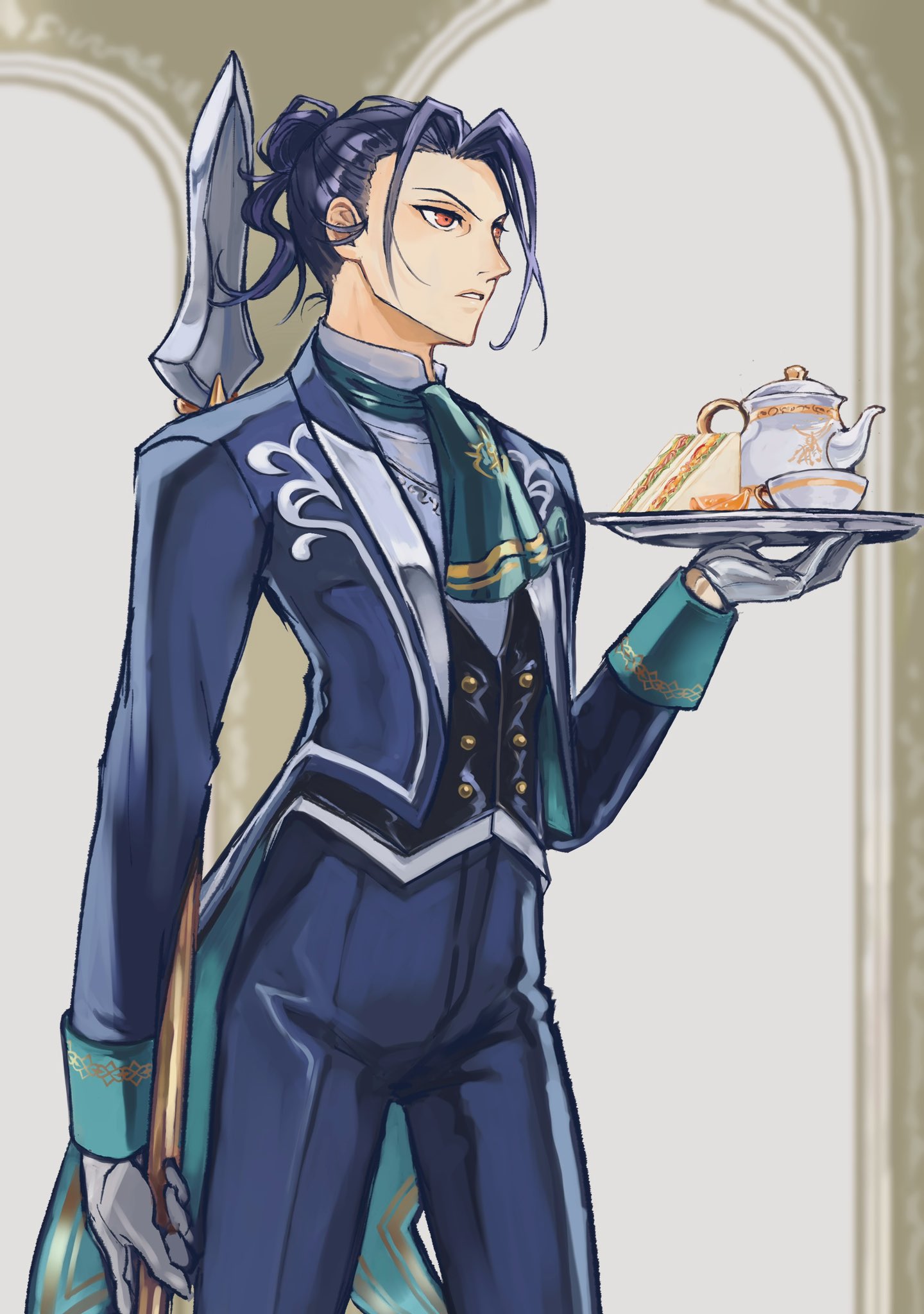 felix hugo fraldarius, felix hugo fraldarius (savant's service), fire emblem, fire emblem: three houses, fire emblem heroes, nintendo, highres, 1boy, ascot, black hair, blue hair, blue jacket, blue suit, butler, cup, food, formal clothes, gloves, hair bun, holding, holding polearm, holding tray, holding weapon, jacket, lance, long sleeves, official alternate costume, open clothes, open jacket, pants, parted lips, polearm, red eyes, sandwich, shirt, suit, teacup, teapot, tray, uru real 71, vest, weapon, white gloves