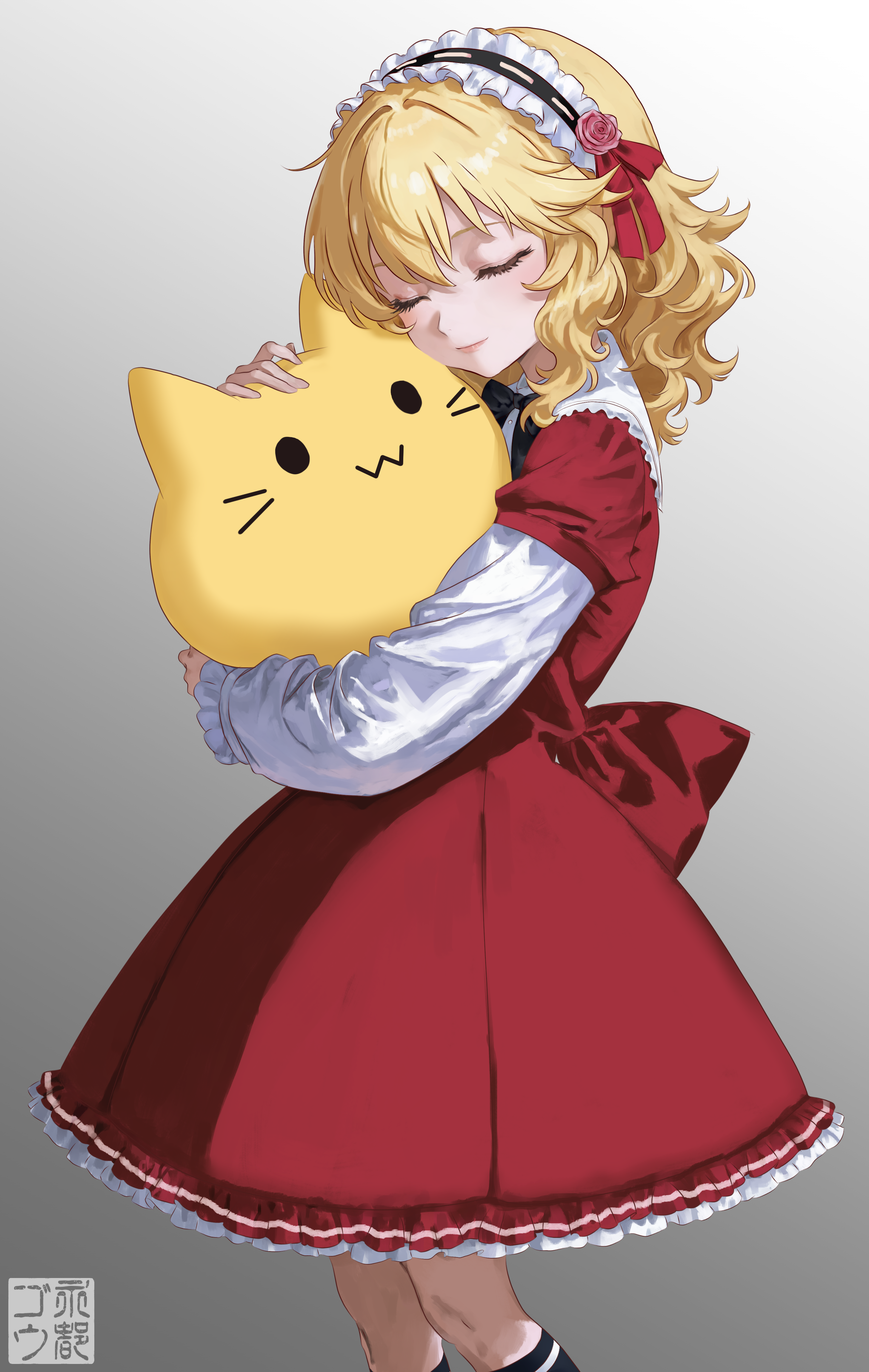 go 8yo, blobcat, sakurai momoka, idolmaster, idolmaster cinderella girls, absurdres, commentary request, highres, black bow, black bowtie, blonde hair, blush, bow, bowtie, closed eyes, dress, feet out of frame, frilled hairband, frills, hairband, hug, long sleeves, red dress, simple background