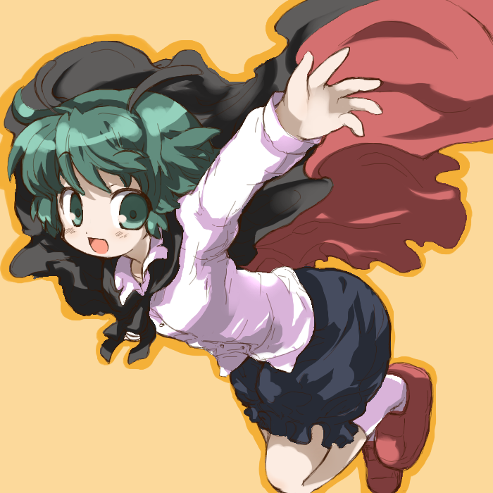 midori ya, ozaki, wriggle nightbug, touhou, 1girl, antennae, cape, female focus, green eyes, green hair, matching hair/eyes, solo