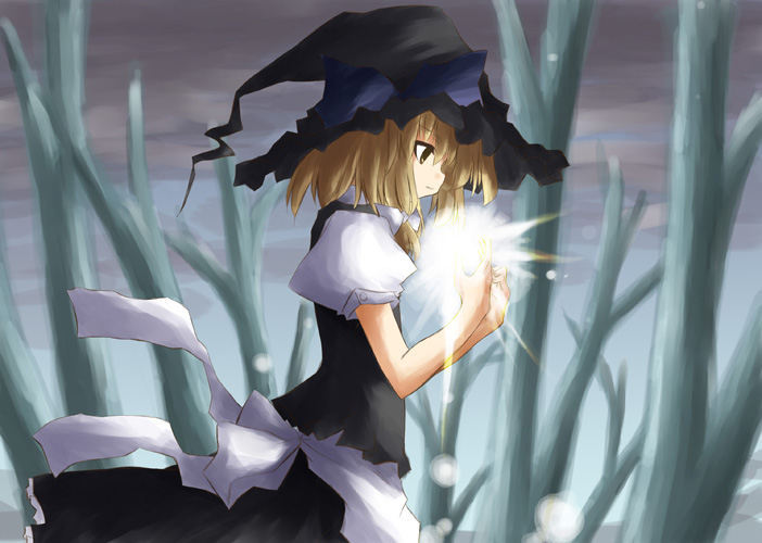 kirisame marisa, touhou, 1girl, female focus, hair ribbon, hat, nature, outdoors, plant, ribbon, skirt, sky, solo, witch, witch hat
