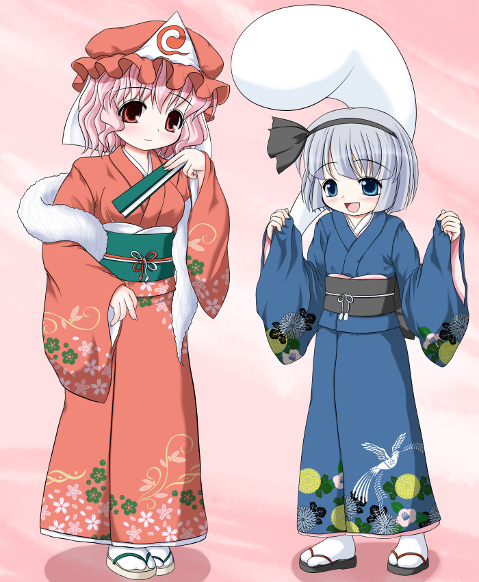 riku (rikkuru), konpaku youmu, konpaku youmu (ghost), saigyouji yuyuko, touhou, 2girls, alternate costume, female focus, full body, gradient background, hat, japanese clothes, multiple girls