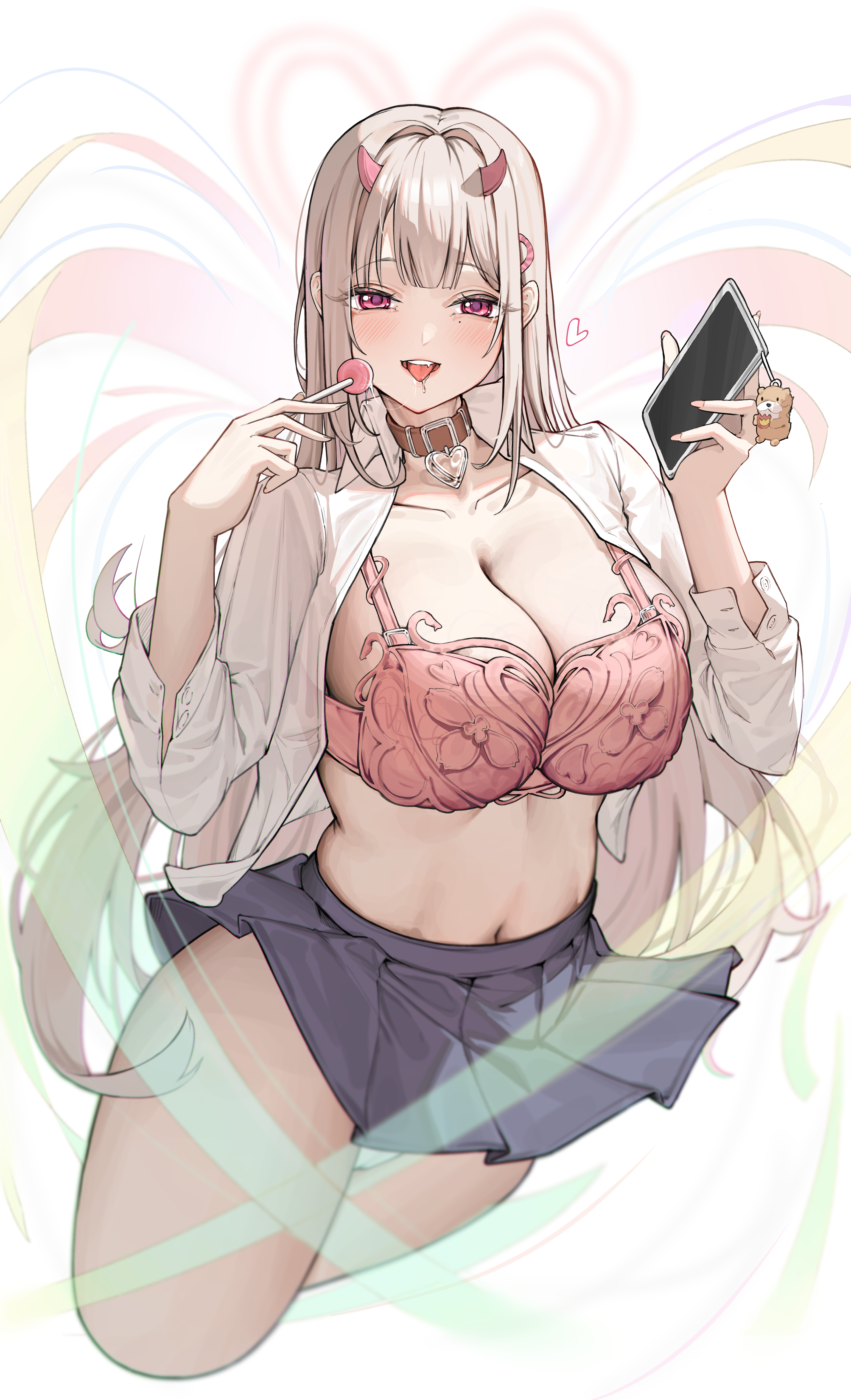 ko uniii, viper (nikke), goddess of victory: nikke, absurdres, highres, 1girl, blonde hair, blue skirt, blush, bra, breasts, brown choker, candy, cellphone, choker, cleavage, collar, food, hair ornament, heart, holding, holding candy, holding food, holding lollipop, holding phone, horns, large breasts, lollipop, long hair, looking at viewer, midriff, mole, mole under eye, navel, open mouth, phone, pink bra, pink eyes, pleated skirt, red eyes, shirt, skirt, smartphone, smile, solo, teeth, tongue, underwear, upper teeth only, white shirt
