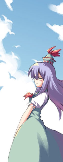 miaka (artist), salty (cherrypie), kamishirasawa keine, touhou, kerchief, 1girl, blue sky, cloud, day, dress, female focus, from side, green dress, hat, profile, puffy short sleeves, puffy sleeves, red ribbon, ribbon, short sleeves, sky, solo, tate eboshi, upper body, v arms