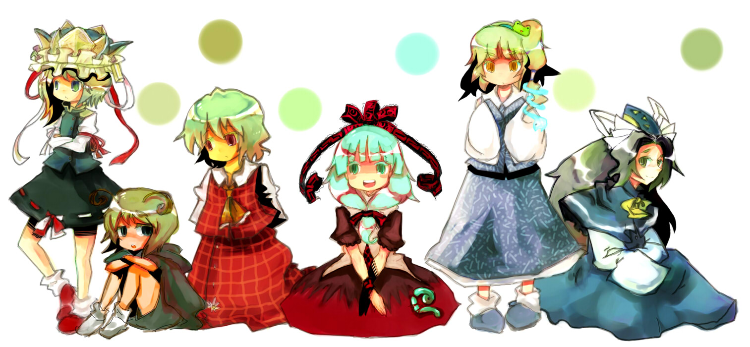 k no hito, kagiyama hina, kazami yuuka, kochiya sanae, mima (touhou), shiki eiki, wriggle nightbug, touhou, touhou (pc-98), long image, wide image, 6+girls, antennae, ascot, bow, cape, color connection, detached sleeves, dress, female focus, frog, front ponytail, green hair, hair bow, hair ornament, hat, long hair, multiple girls, plaid clothes, plaid skirt, plaid vest, red eyes, short hair, skirt, skirt set, vest, wizard hat