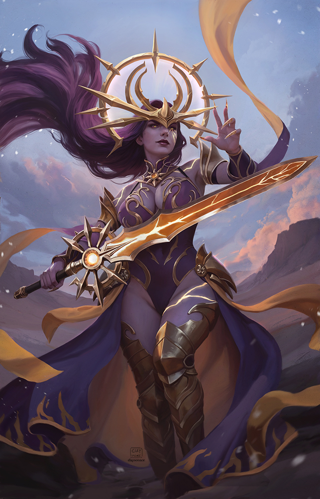 clayscence, vexoria the sun eater, indie virtual youtuber, commission, 1girl, armor, artist name, body markings, breasts, closed mouth, cloud, facial mark, fingernails, gold armor, gold trim, hip armor, holding, holding sword, holding weapon, leg armor, leotard, long fingernails, long hair, purple hair, purple leotard, purple lips, sharp fingernails, sky, solo, sword, virtual youtuber, weapon, yellow eyes