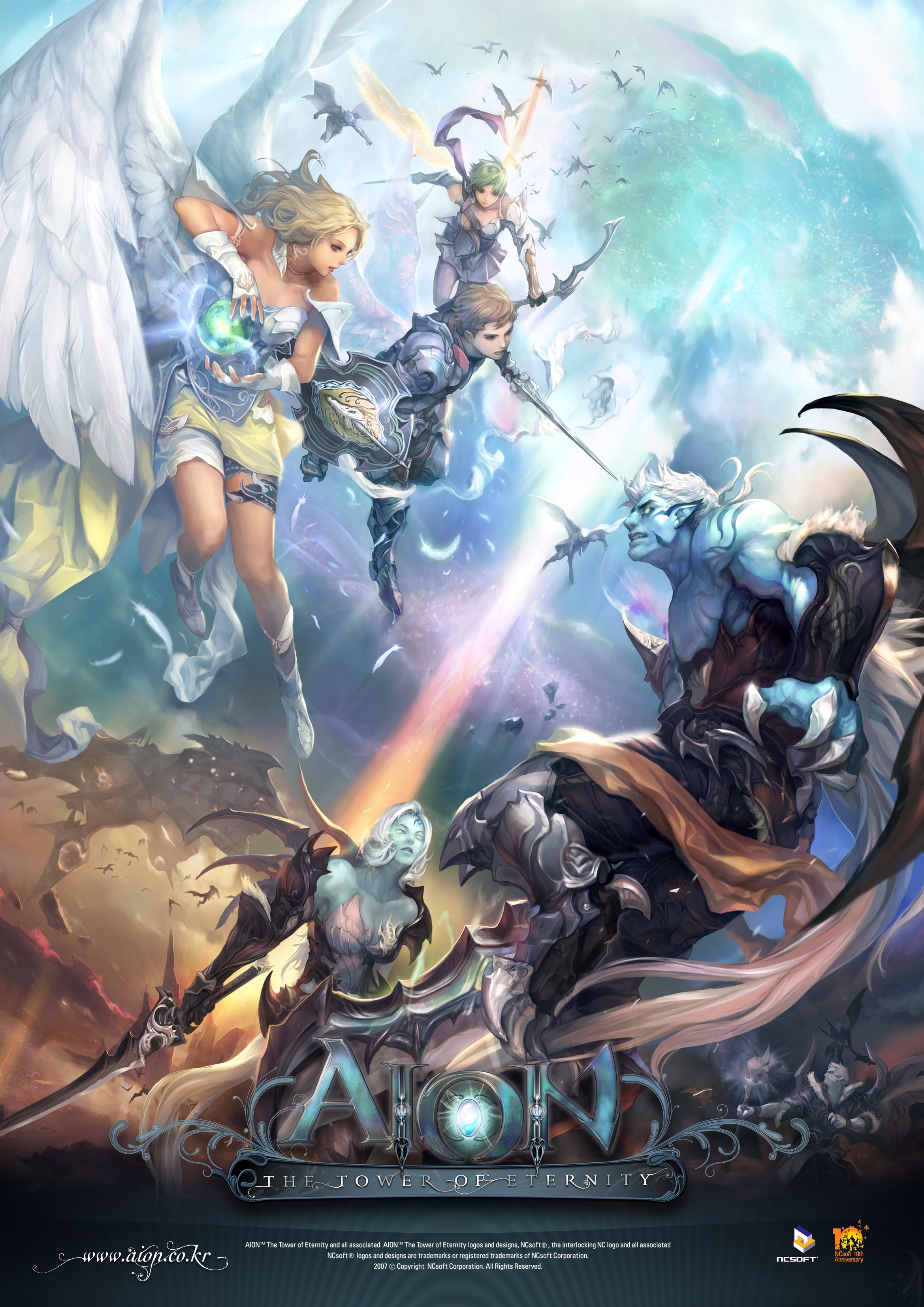 juno jeong, asmodian, elyos, aion, absurdres, highres, 2boys, 3girls, angel wings, multiple boys, multiple girls, shield, sword, weapon, wings