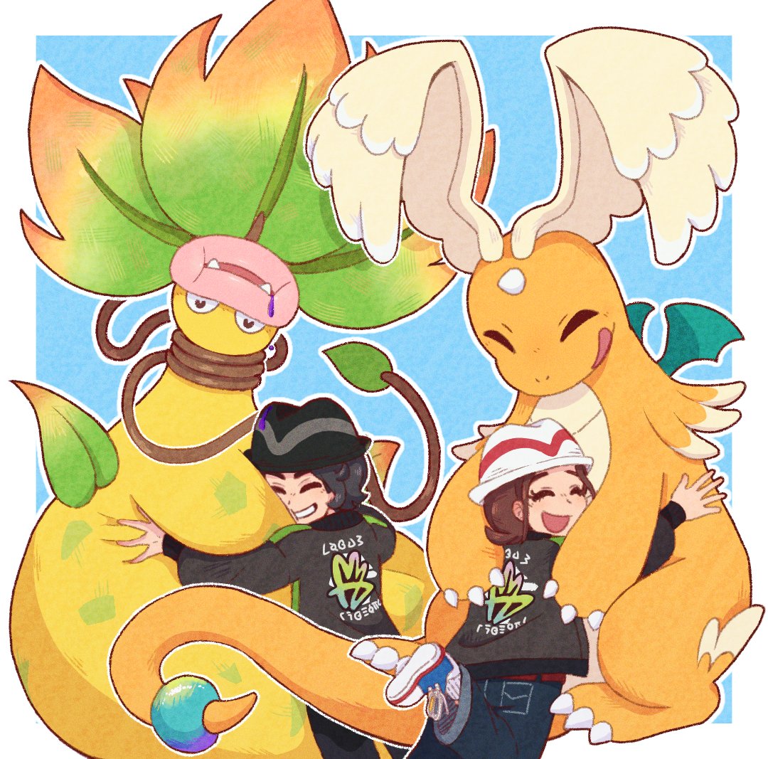 dragonite, harmony (pokemon), mega dragonite, mega victreebel, paxton (pokemon), victreebel, nintendo, pokemon, pokemon legends: z-a, 1boy, 1girl, black hair, black hat, blush, brown hair, claws, closed eyes, colored skin, denim, dragon, fangs, feathered wings, full body, gen 1 pokemon, green jacket, happy, hat, head wings, horns, hug, jacket, l1mbolots, leaf, long sleeves, mega pokemon, open clothes, open jacket, open mouth, pants, pink lips, plant, plant monster, pokemon (creature), shirt, shoes, short hair, single horn, smile, tail, teeth, vines, white hat, white shirt, wings, yellow skin