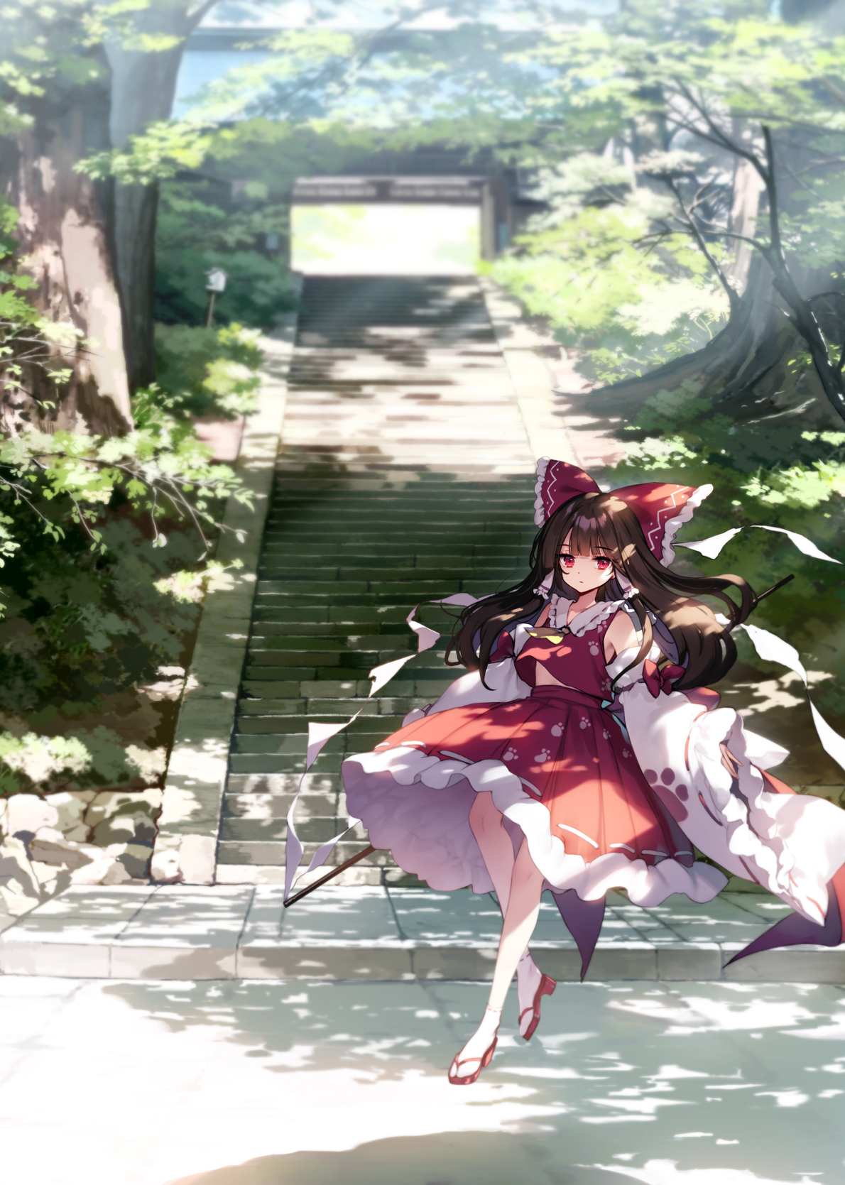 ke-ta, hakurei reimu, touhou, wily beast and weakest creature, commentary request, highres, 1girl, ascot, bow, brown hair, closed mouth, collared shirt, dappled sunlight, day, detached sleeves, frilled bow, frills, full body, gohei, hair bow, holding, holding gohei, long hair, looking at viewer, outdoors, paw print, pleated skirt, print skirt, red bow, red sandals, red shirt, red skirt, ribbon-trimmed sleeves, ribbon trim, sandals, shirt, skirt, sleeveless, sleeveless shirt, solo, stairs, sunlight, tree, white sleeves, wide sleeves, yellow ascot