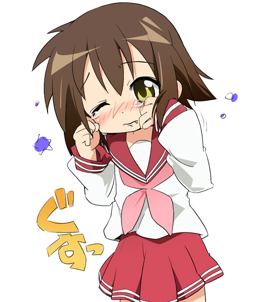 ixy, kusakabe misao, lucky star, translated, 00s, brown hair, fang, school uniform, serafuku, short hair, solo, tears, yellow eyes