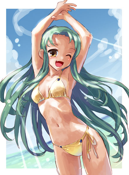 katahira masashi, tsuruya, suzumiya haruhi no yuuutsu, 00s, 1girl, armpits, beach, bikini, cowboy shot, day, fang, female focus, halterneck, long hair, ocean, outdoors, side-tie bikini bottom, sketch, sky, smile, solo, string bikini, swimsuit, very long hair, water, yellow bikini