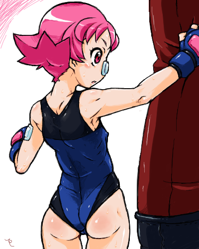 maylene (pokemon), nintendo, pokemon, pokemon dppt, artist request, lowres, 00s, 1girl, :o, armpits, ass, bandages, bandaid, blush, body blush, covered erect nipples, female focus, fingerless gloves, flat chest, from behind, gloves, gym leader, leotard, mma gloves, muscular, muscular female, one-piece swimsuit, open mouth, pink eyes, pink hair, profile, punching, punching bag, short hair, simple background, solo, standing, sweat, swimsuit, toned, toned female, training, white background