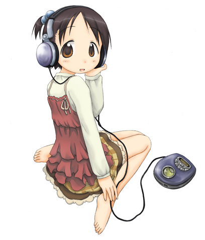itou chika, ichigo mashimaro, lowres, 1girl, barefoot, black hair, blush, brown eyes, cd player, cd walkman, feet, female focus, frills, hand up, headphones, long sleeves, looking at viewer, looking back, open mouth, parted bangs, shirt, simple background, sitting, skirt, solo, toes, wariza, white background, white shirt