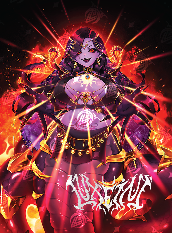 luxeini, vexoria the sun eater, indie virtual youtuber, 1girl, black hair, black sclera, blue gemstone, breasts, colored sclera, colored skin, earrings, gem, gold earrings, jewelry, lamia, lips, long hair, monster girl, purple lips, purple skin, red eyes, red gemstone, ring, slit pupils, smile, snake hair, solo, stomach tattoo, tattoo, watermark