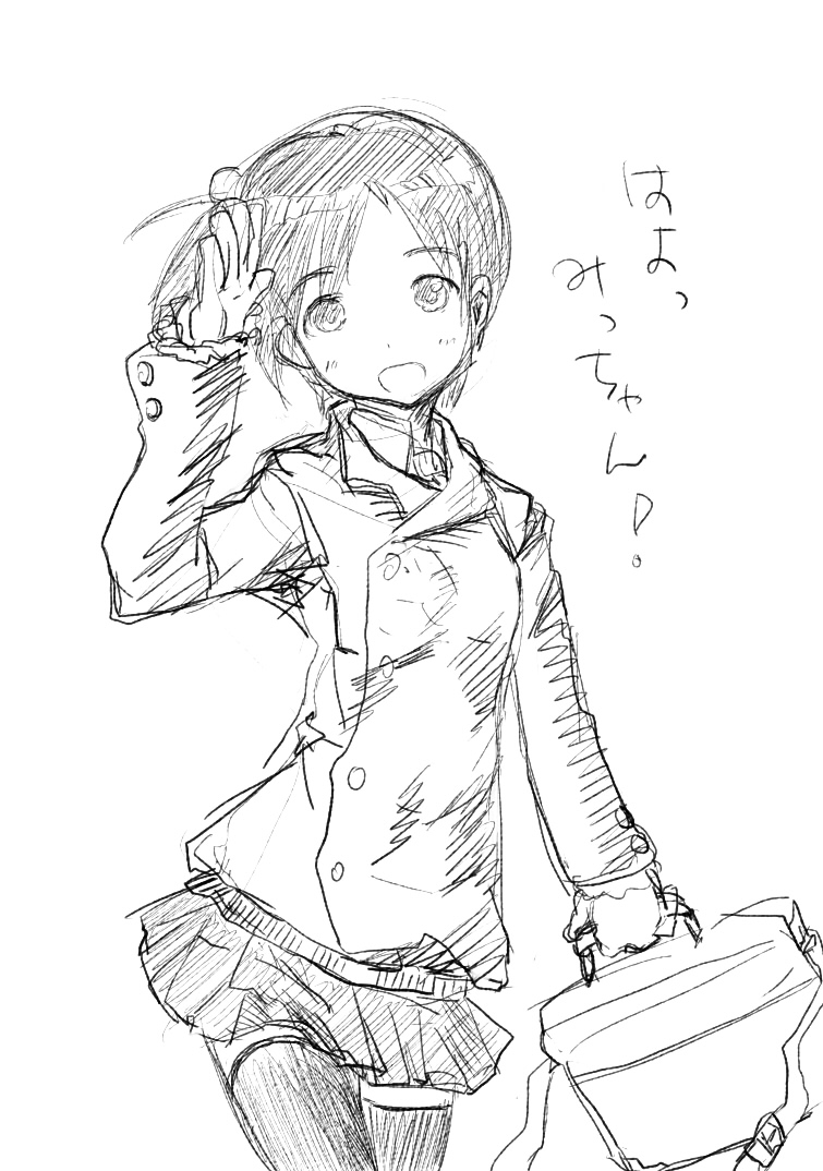 itou chika, ichigo mashimaro, translated, greyscale, monochrome, school uniform, serafuku, sketch, solo, thighhighs, zettai ryouiki