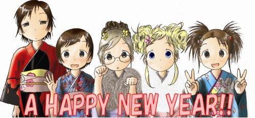 ana coppola, itou chika, itou nobue, matsuoka miu, sakuragi matsuri, ichigo mashimaro, lowres, non-web source, 5girls, :d, black hair, blonde hair, blue eyes, brown eyes, brown hair, bucket, double v, grey hair, happy new year, holding, long sleeves, looking at viewer, looking back, multiple girls, new year, open mouth, siblings, sidelocks, sisters, smile, upper body, v