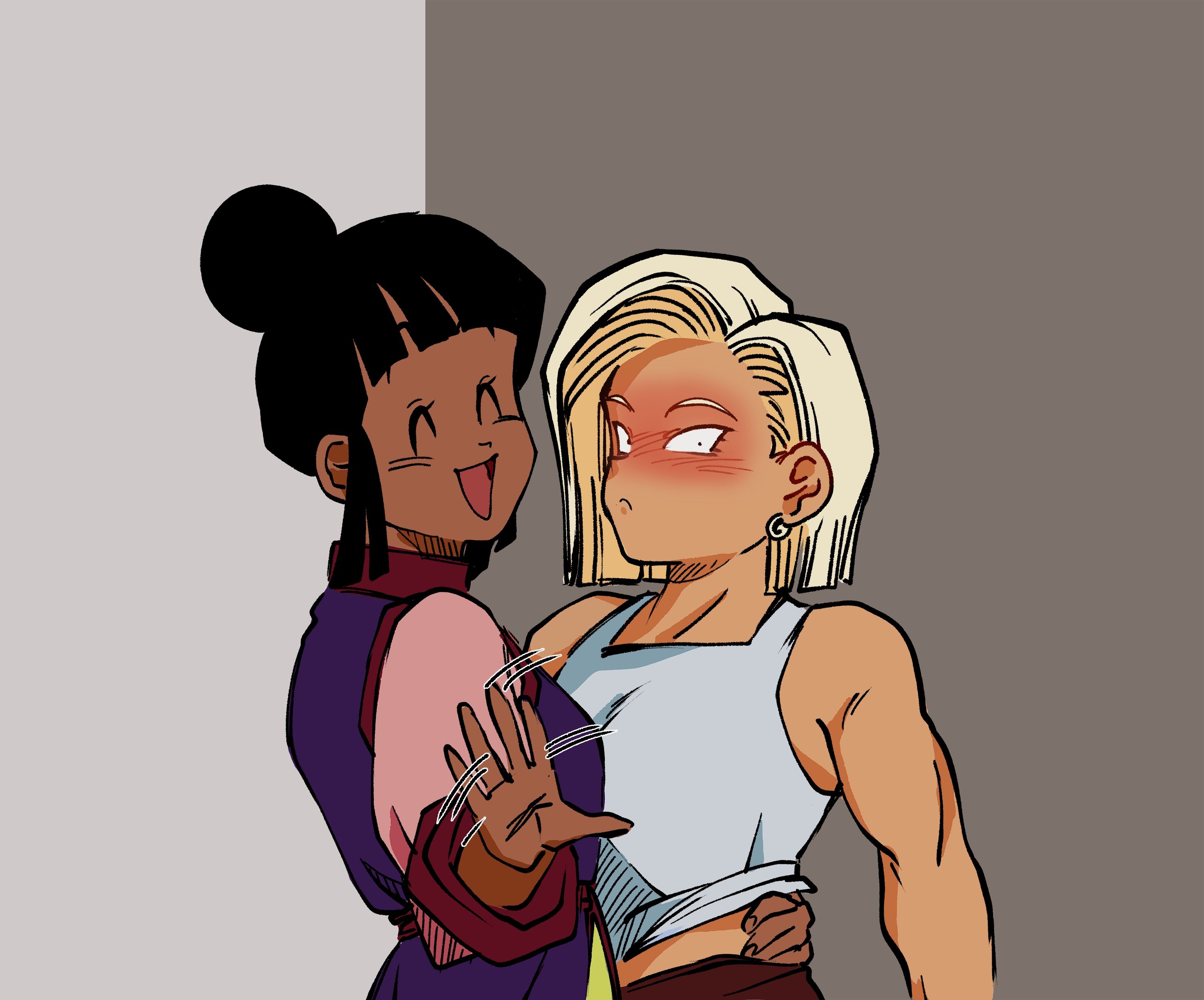 cal monssi, android 18, chi-chi (dragon ball), dragon ball, dragonball z, absurdres, highres, 2girls, ^ ^, against wall, alternate skin color, black hair, blonde hair, blunt bangs, blush, brown pants, china dress, chinese clothes, closed eyes, closed mouth, clothes lift, dark-skinned female, dark skin, dot pupils, dress, earrings, full-face blush, gold earrings, hair bun, hand around waist, happy, hoop earrings, jewelry, looking at viewer, motion lines, multiple girls, open mouth, pants, pink sleeves, purple dress, red sash, red wrist cuffs, sash, shirt lift, short hair, sidelocks, sleeveless, smile, speed lines, tan, tank top, waving, white tank top, wide-eyed, wrist cuffs, yellow pants, yuri
