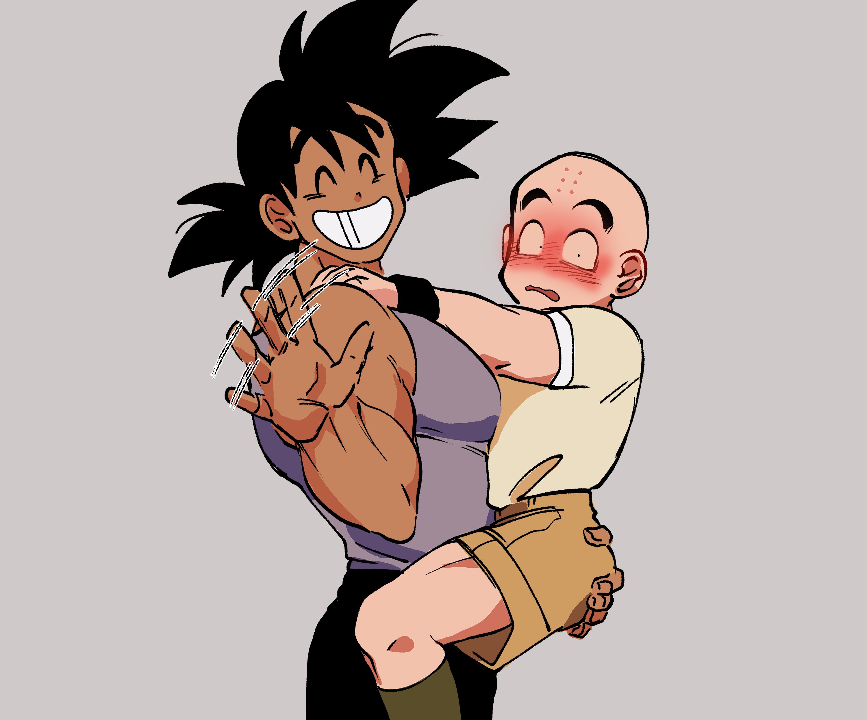 cal monssi, kuririn, son goku, dragon ball, dragonball z, absurdres, highres, 2boys, ^ ^, alternate skin color, arm up, bald, black hair, black pants, black wrist cuffs, blush, brown shorts, carrying, closed eyes, dot pupils, facial mark, forehead mark, full-face blush, green socks, grey tank top, hand on another's ass, hand on another's shoulder, happy, looking at viewer, motion lines, multiple boys, muscular, muscular male, open mouth, pants, shirt, shirt tucked in, short sleeves, shorts, sleeveless, smile, socks, speed lines, spiked hair, tan, tank top, teeth, thick eyebrows, tight clothes, tight shirt, waving, wide-eyed, wrist cuffs, yaoi, yellow shirt