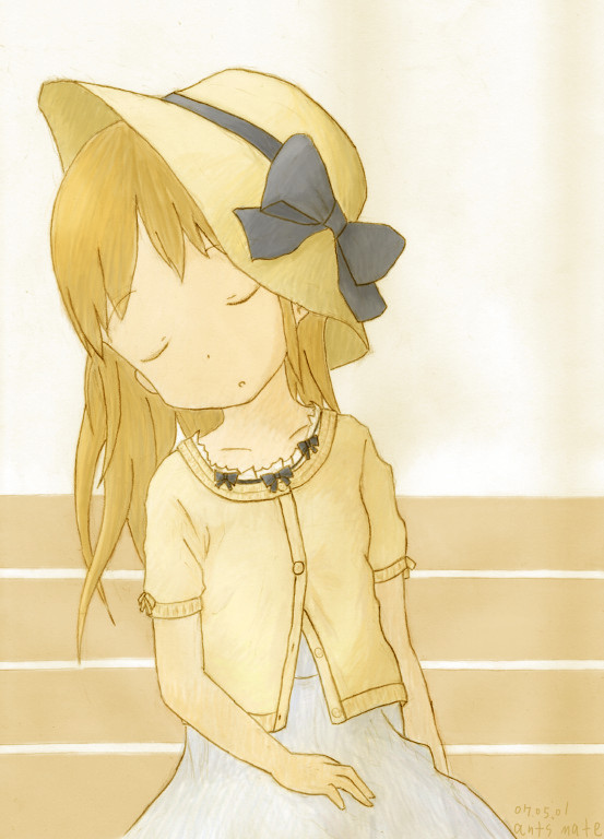ana coppola, ichigo mashimaro, beige background, hand on leg, 1girl, :o, artist name, bench, black bow, blonde hair, bow, brown hat, brown jacket, buttons, child, closed eyes, cowboy shot, cropped jacket, dated, female focus, frills, grey skirt, hat, hat bow, head tilt, high-waist skirt, jacket, long hair, parted lips, short sleeves, simple background, sitting, skirt, sleeping, sleeping upright, solo, upper body