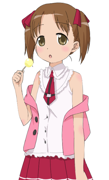 yn (rakugaki log), matsuoka miu, ichigo mashimaro, 1girl, :o, bare shoulders, blush, brown eyes, brown hair, buttons, female focus, hair ribbon, looking at viewer, off shoulder, open clothes, open mouth, open vest, pleated skirt, red ribbon, red skirt, ribbon, skirt, solo, standing, tareme, twintails, vest