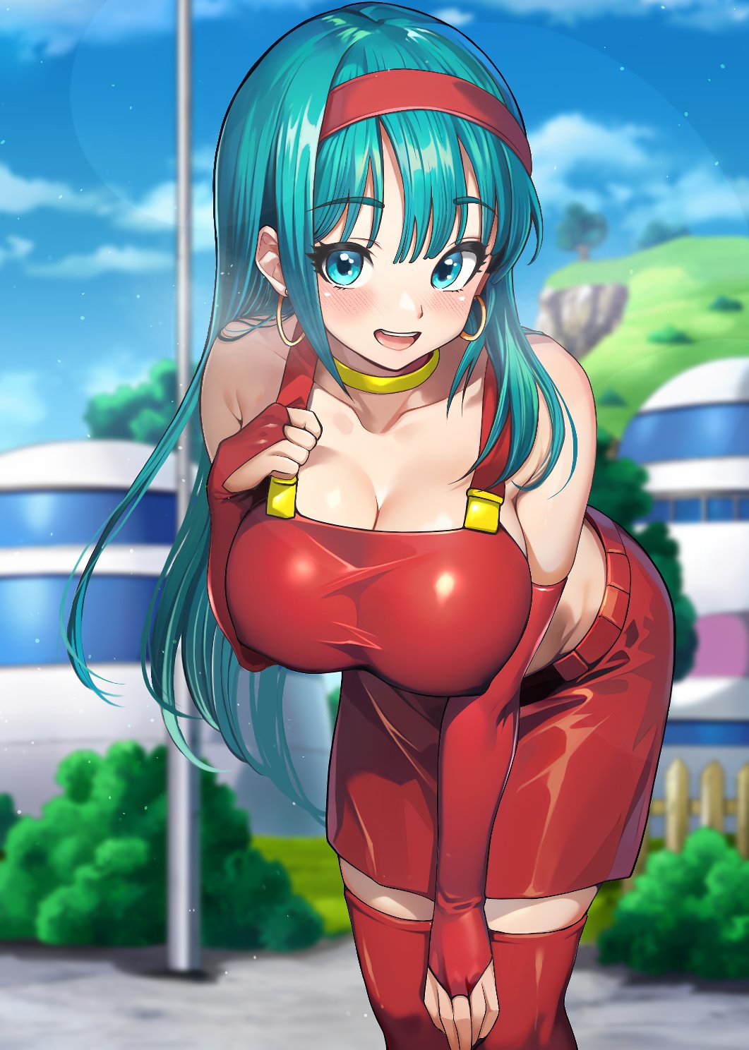 katsuyoshi2019, bra (dragon ball), dragon ball, dragon ball gt, highres, 1girl, belt, blue eyes, blue hair, breasts, bridal gauntlets, choker, cleavage, collarbone, crop top, detached sleeves, earrings, elbow gloves, gloves, hairband, jewelry, large breasts, long hair, looking at viewer, miniskirt, open mouth, red skirt, red thighhighs, skirt, smile, solo, thighhighs, yellow choker, zettai ryouiki