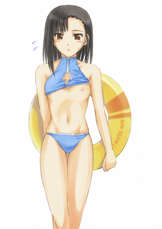 suda (yuunagi enikki), sakurazaki setsuna, mahou sensei negima!, 00s, bikini, black hair, blue bikini, blush, brown eyes, flat chest, innertube, nipple slip, nipples, solo, swim ring, swimsuit