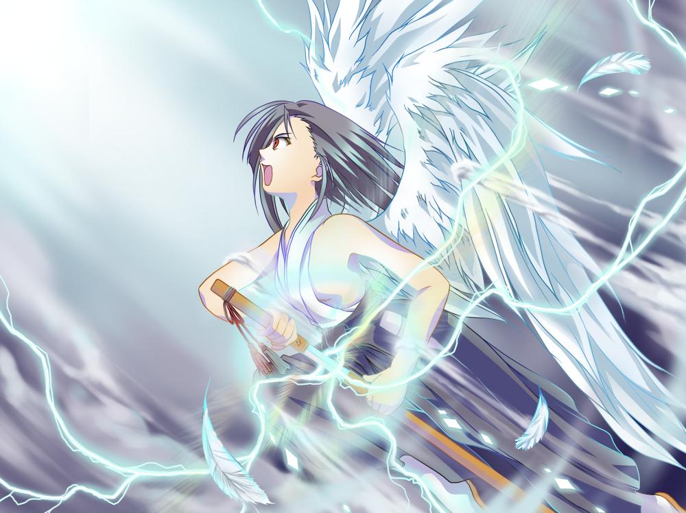 suda (yuunagi enikki), sakurazaki setsuna, mahou sensei negima!, 00s, 1girl, breasts, feathers, female focus, katana, lightning, medium breasts, sheath, sideboob, solo, sword, unsheathing, weapon, wings
